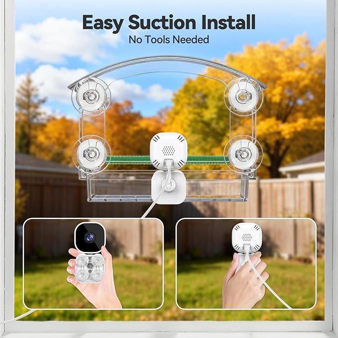 Dzees Window Bird Camera with Strong Suction Cups, 2K HD WiFi Bird Feeder Camera with AI Bird Recognition, Live Streaming, Two-Way Audio, Cloud & SD Storage, Perfect for Bird Lovers and Educators