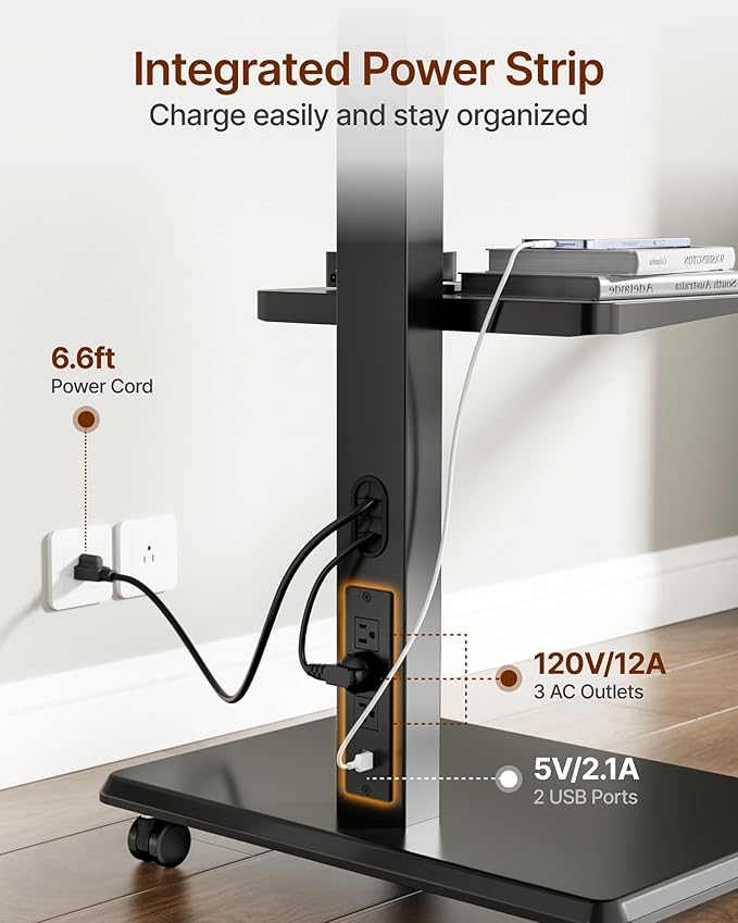 ECOTINY Steel Base Rolling TV Stand with Power Outlet for 32-75 inch TVs up to 110 lbs, Leveling & Tilt & Swivel Mobile TV Stand with Hidden Wire Management, Height Adjustable Portable Tv Stand, Black