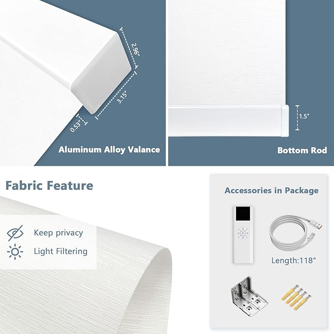 COOLWINDS Motorized Blinds with Remote Cordless Automatic Motorized Shades Custom Blinds for Windows Smart Curtains Compatible with Alexa Google Home(Light Filtering Cloud White,W52 x H72in)