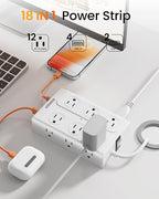 Zoxwzop Surge Protector Power Strip - 12 Outlets(1850W/15A) 6 USB Ports（2 USB C, 6FT Flat Plug Extension Cord, Wall Mount Multi Plug Outlet Extender, ETL Listed for Home, Dorm Room
