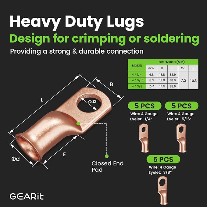 GEARit 4 Gauge CCA Ground Wire (25FT Each - Black and Red) All-in-One Kit: Crimping Tool, Cutter, 15 Lugs, and 20 Heat Shrink Wrap