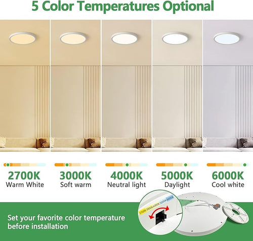 15.8 Inch Dimmable LED Flush Mount Ceiling Light, 32W, 3480LM, 3000K/3700K/4000K/5000K/6000K, Round Flat Panel Low Profile Ceiling Light Fitures for Hallway, Kitchen, Bedroom, 2PK White