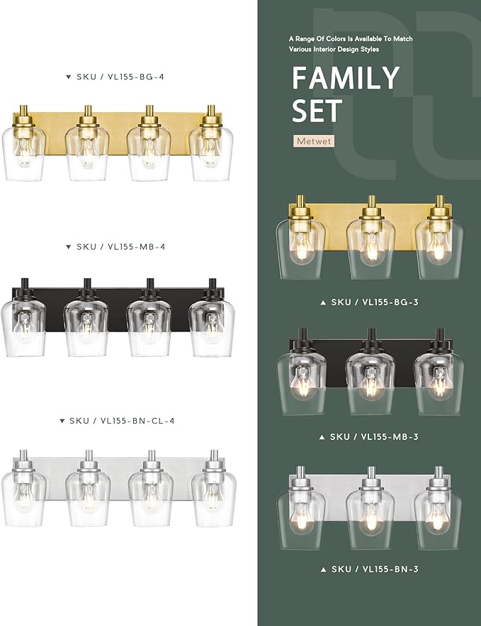 METWET Bathroom Light Fixtures, 4-Light Modern Vanity Light with Clear Glass Wine Glass-Shaped Shade, Vanity Lighting Fixtures Over Mirror, Brushed Nickel, VL155-BN-4