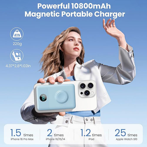 6 in 1 Magnetic Portable Charger for iPhone with Built-in Cables, 10800mAh 25W PD Fast Charging Power Bank, 6 Outputs Travel Essential Battery Pack for iPhone 17/16/15/14/13/12,Apple Watch (Sky Blue)