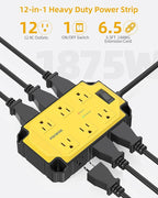 Heavy Duty Power Strip15 Amps/1200 Joules, 12 Outlets Industrial Magnetic Surge Protector, 6.5 FT Extension Cord for Industrial Shop Garage (Yellow)