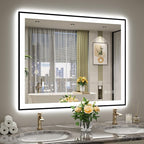 YEELAIT 44x36 Inch LED Bathroom Mirror with Lights (Front Lit and Backlit) Black Framed Lighted Vanity Mirror for Bathroom Wall Dimmable Anti-Fog Memory Tempered Glass Horizontal/Vertical