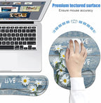 Keyboard Wrist Rest + Mouse Pad Wrist Support Set with Coasters, Dreamy Daisy Vintage Wood Board Live Laugh Love Design Non-Slip PU Base Ergonomic Mousepad for Home Office Working Studying