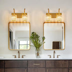 FDPBY Bathroom Crystal Vanity Lights 2-Light Gold Wall Lamp Modern Crystal Bathroom Light Fixtures Over Mirror 13.77" Long Wall Sconce