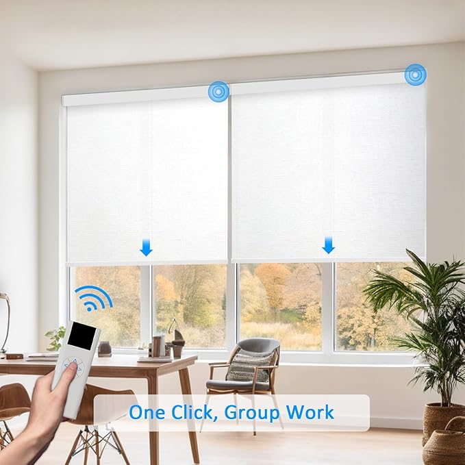 COOLWINDS Motorized Blinds with Remote Cordless Automatic Motorized Shades Custom Blinds for Windows Smart Curtains Compatible with Alexa Google Home(Light Filtering Cloud White,W27 x H72in)