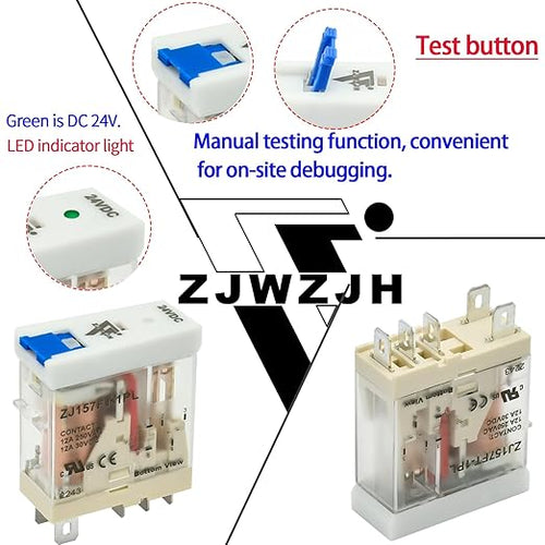 12Amp Power Relay Switch with Test Button SPDT 1NO 1NC with LED Indicator Light and Socket Base UL Certification (5 Pin- 12A, DC 24V)