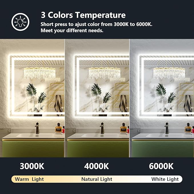YEELAIT 66x36 Inch LED Bathroom Mirror with Lights Front and Backlit Lighted Vanity Mirror for Bathroom Wall with 3 Colors Dimmable Anti-Fog Memory Shatter-Proof IP54 Waterproof Horizontal/Vertical
