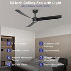 ocioc 52 Inch Ceiling Fans with Lights and Remote,Modern Ceiling Fan with Quiet Reversible DC Motor,6 Speeds,Timer,Dimmable, Black Ceiling Fan for Bedroom,Patios
