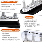 AMOMD 300A Bus Bars 3 Terminal Studs (3/8 inch) M10 4 8#-32 Screws Nickel Plated Copper Distribution Block Negative Electrical Buss Bars 12-48 V DC with Cover for Trailer Marine Boat Car RV (Black)