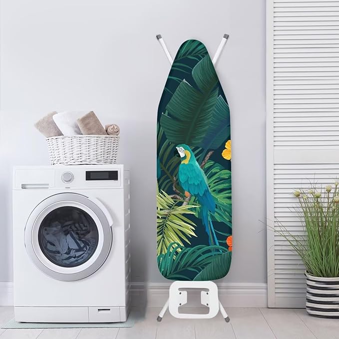 ZCFYGDX Ironing Board Cover Easy Install with Elastic Edge 3 Bottom Nylon Buckle Straps Breathable Ironing Decor Suitable for Wide Ironing Board House Decor Parrot Palm Leaf Print Size-M