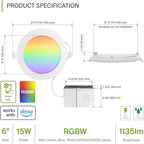 ASD 6 Pack LED Smart Recessed Lighting 6 Inch 15W, RGBW Color Changing Lights, Compatible with Alexa & Google Assistant, Dimmable 2700K-6500K Selectable RGB Lights, WiFi Bluetooth Ceiling Light, ETL