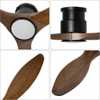 revoici 52'' Ceiling Fan with Lights and Remote, 3 Blade Amber Wood Low Profile Flush Mount Ceiling Fan Indoor, Reversible 6 Speeds Dimmable LED Light Fan for Bedroom Living Room Farmhouse