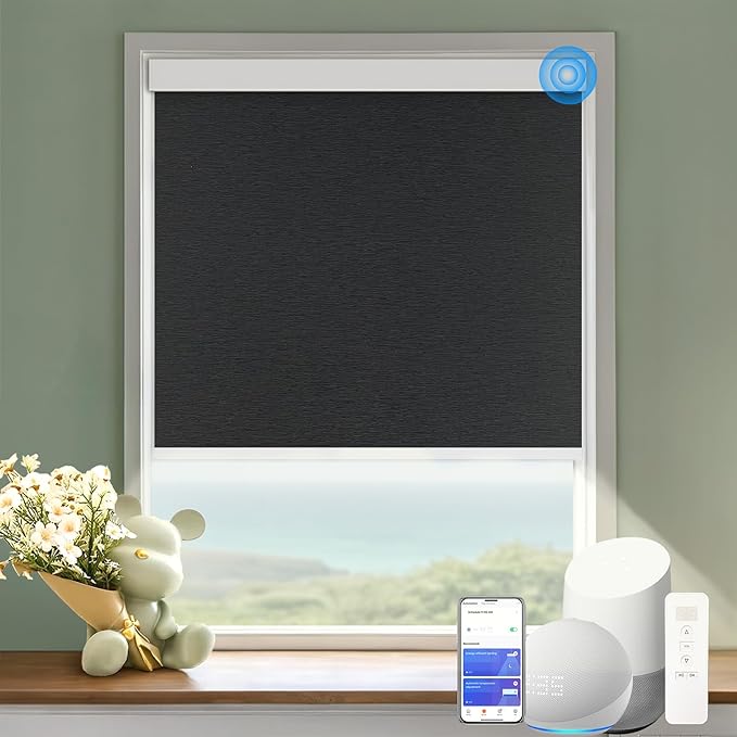 COOLWINDS Motorized Blinds with Remote Cordless Automatic Motorized Shades Custom Blinds for Windows Smart Curtains Compatible with Alexa Google Home(Blackout Jacquard Black,W54 x H72in)