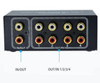 No Noise 4 Way 1 in 4 Out or 4 in 1 Out Audio Sound selector RCA Female Stereo 4 Channel Splitter switcher Box Switching No External Power