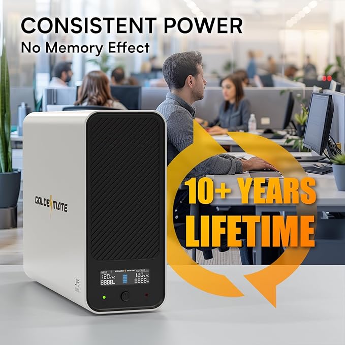 GOLDENMATE 1000VA/800W Lithium UPS Battery Backup and Surge Protector, Backup Battery Power Supply with LiFePO4 Batteries(230.4 Wh), Sinewave UPS System, 10 Years Lifespan, 8 Outlets, LCD Display