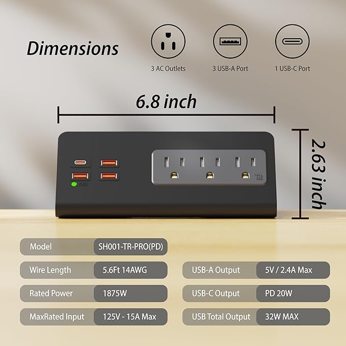Upgraded Version Edge Mount Power Strip with USB-C Ports Tabletop Surge Protector Desk Clamp Power Sockets with 3 AC Outlets &4 Fast Charging USB Ports for Home Office Hotel Dormitory (White- 1pack)
