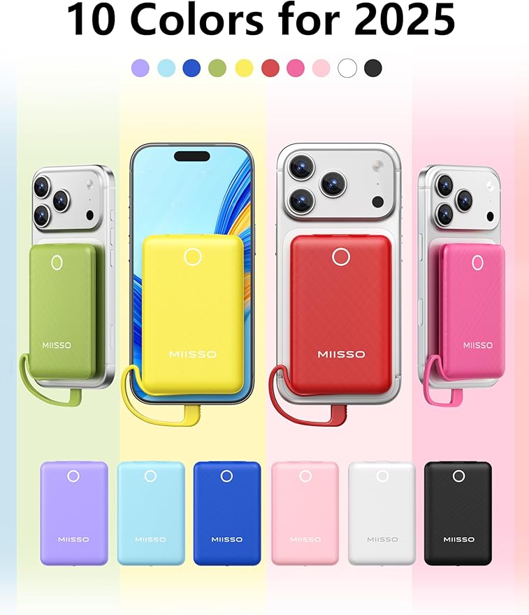 miisso 10000mAh Mini Portable Charger with Built in Cable, Pocket Size Power Bank Travel External Battery Pack for Phone, 3 Output USB Type C Cord Clutch Compatible with iPhone, Samsung, White