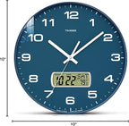 TIMESS Wall Clock, 10" Dial Non-Ticking Silent Battery Operated Analog with LCD Display for Perpetual Calendar and F° Temperature, Ideal Modern Home, Bedroom, Kitchen, Office Decor (Blue)