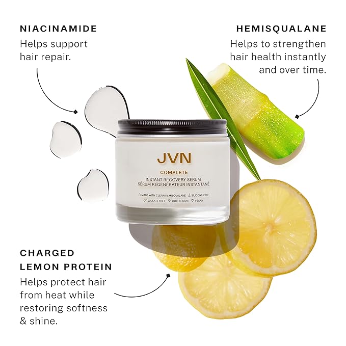 JVN Complete Instant Recovery Hair Serum, 3.4 Fl Oz, Frizz Fighting, Heat Protectant, Hair Smoothing Cream Strengthens & Repairs Damage, Silicone Free