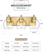 METWET Bathroom Light Fixtures, 3-Light Brushed Gold Vanity Light, Modern Wall Sconces with Clear Glass Globe Shade, Bathroom Wall Lights for Mirror Kitchen Bedroom Hallway Living Room, VL195-GD-3