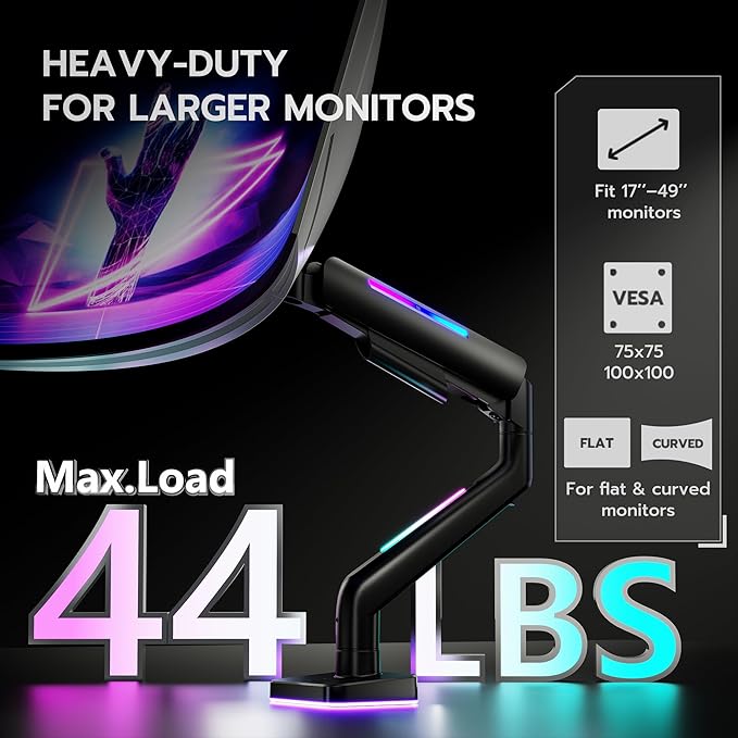 Ultrawide Monitor arm for 17-49'' Heavy Duty Screen up to 44lbs, Gas Spring Single Monitor Arm with RGB Light, Adjustable Gaming Computer Monitor Arm for Desk, Black