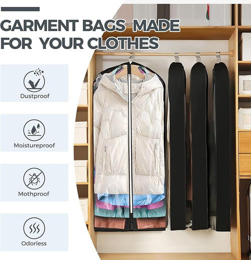 6 Pcs 60" Garment Bags for Hanging Clothes, Clear Suit Bags for Closet Storage Clothing Storage, Garment Bags Shoulder Covers with 4" Gussets for Coats, Jackets, Shirts and Sweater Black