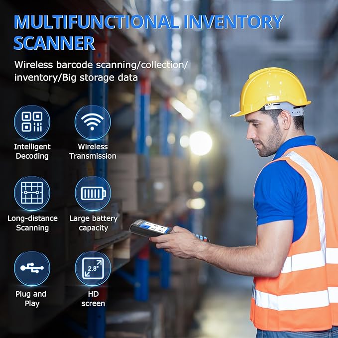 1D 2D Barcode Scanner Wireless, JRHC Portable Inventory Scanner & Data Collector Data Terminal PDT Inventory Device with Long Transmission Distance 2.4G Wireless Bar Code Reader with 2.8" LCD Screen