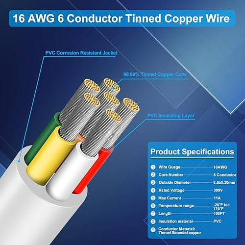 16 Gauge 6 Conductor Electrical Wire, 100FT Low Voltage 16/6 Tinned Copper Stranded 6 Wire Cable, 16 AWG White Flexible Extension Power Cord for Sprinkler, Thermostat, Speaker, Irrigation, Automotive