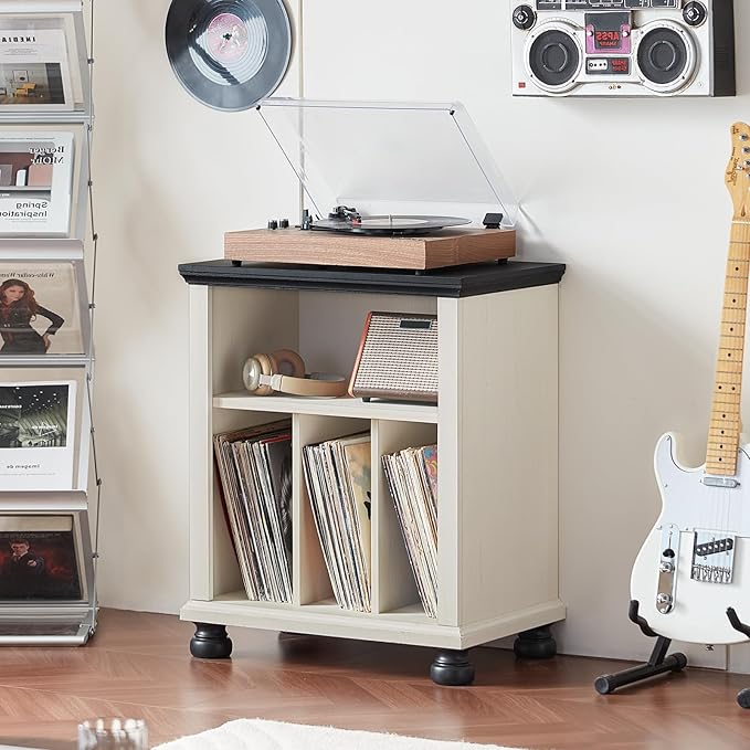 Joaxswe Record Player Stand with Vinyl Record Storage, 24" Wide Mid-Century Record Player Table Up to 200 Albums,Large Wood Turntable Stand Cabinet Dispaly Shelf for Living Room,Bedroom,White