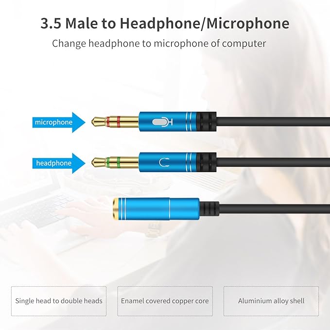 CANFON Headphone Splitter for Computer 3.5mm Female to 2 Dual 3.5mm Male Headphone Mic Audio Y Splitter Cable Smartphone Headset to PC Adapter (35CM, Blue)