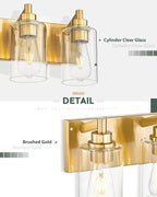 METWET 5-Light Bathroom Light Fixtures, 30 Inch Brushed Gold Vanity Light with Cylinder Clear Glass Shade, Modern Vanity Lighting Fixtures Over Mirror, VL143-BG-5