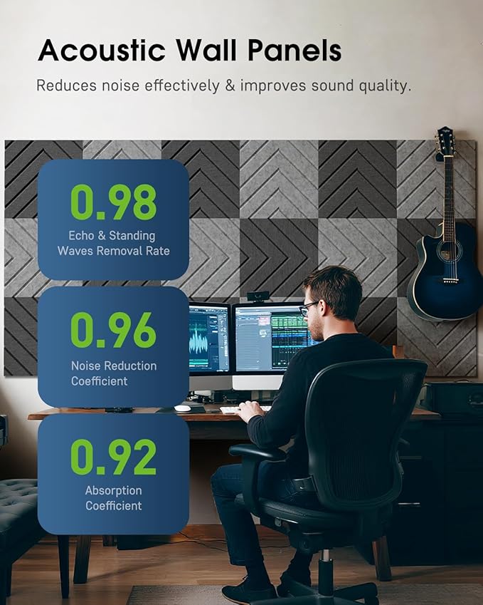 Woovio Sound Proof Foam Panels for Walls, 12 Pack Self-Adhesive Acoustic Panels, 12" X 12" X 0.4" Soundproof Wall Panels for Door, Ceiling, Home Office Gray