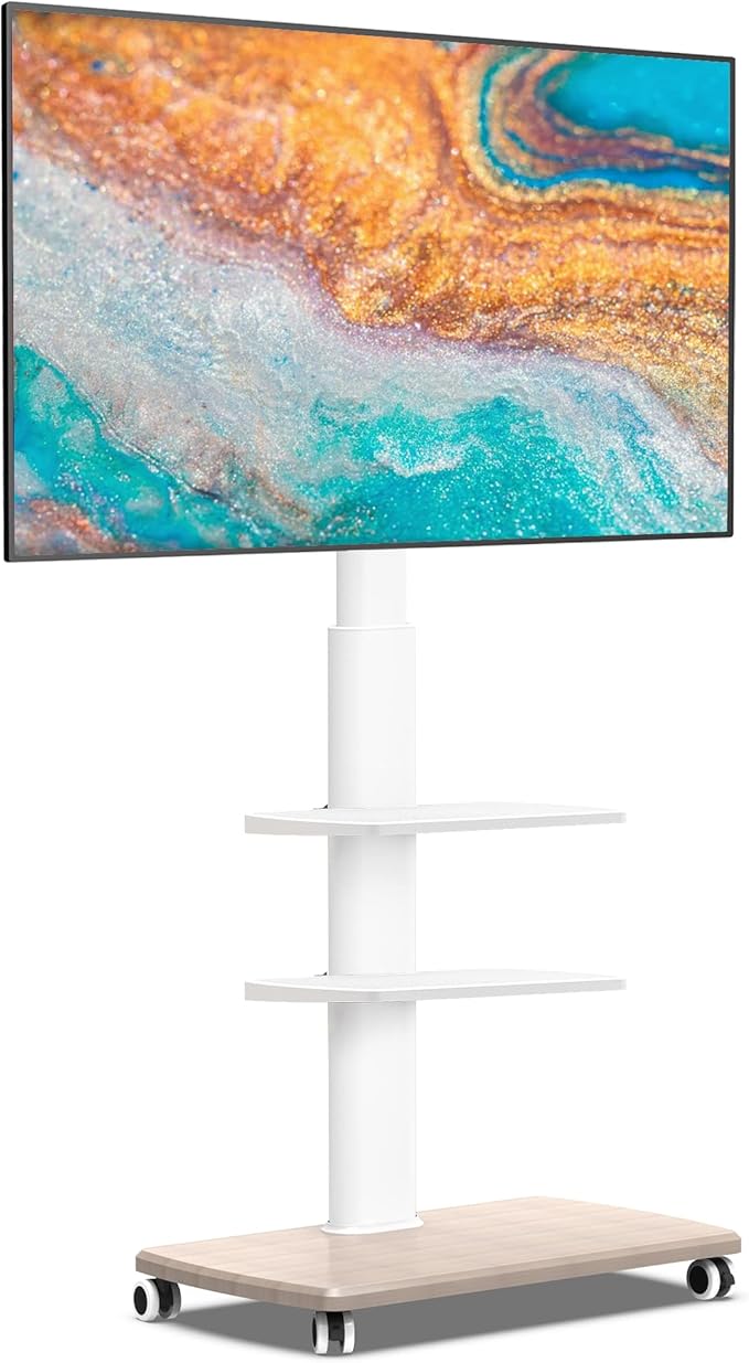 FITUEYES Rolling TV Stand, Mobile TV Cart on Wheels for 32-65 70 Inch Flat Screen TVs, Tall Floor TV Stand with Swivel Mount, Corner TV Stands for Bedroom, Living Room, Home Office,Small Dorm, White