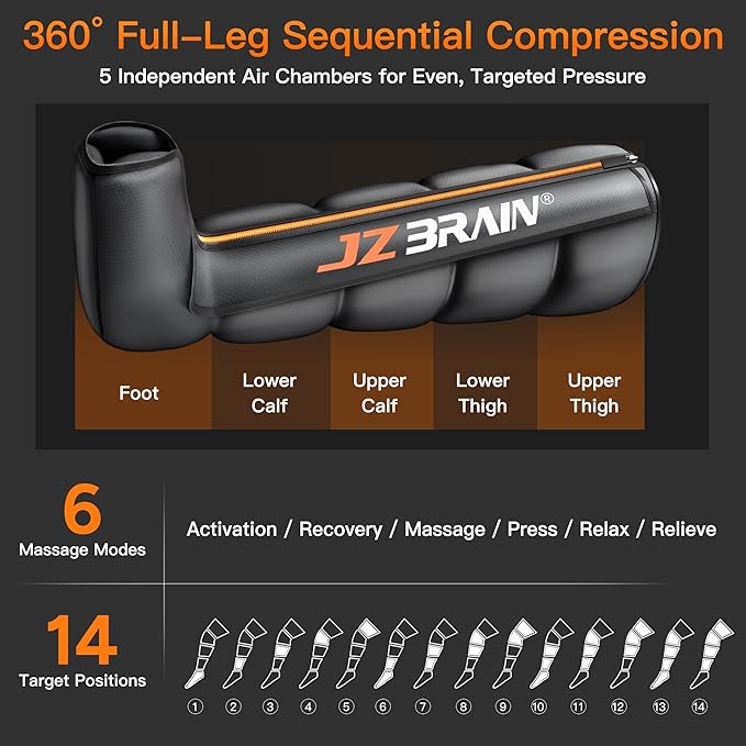 Air Compression Leg Recovery Boots : Dual-Power Sequential Compression System Device with Smart Pressure Sensor - 6 Modes & 14 Positions Foot and Leg Massage for Athletes & Gym (Large)