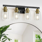DIKAIDA Bathroom Vanity Light, 4-Light Black and Gold Bathroom Light Fixtures with Clear Glass Shade, Bathroom Lighting Fixtures Over Mirror,Bath Black Wall Lights for Mirror Bedroom,Living Room