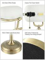 Newrays Glass Bankers Desk Lamp with Pull Chain Switch Plug in Fixture (Matted White +Green Bronze Base, Classic)