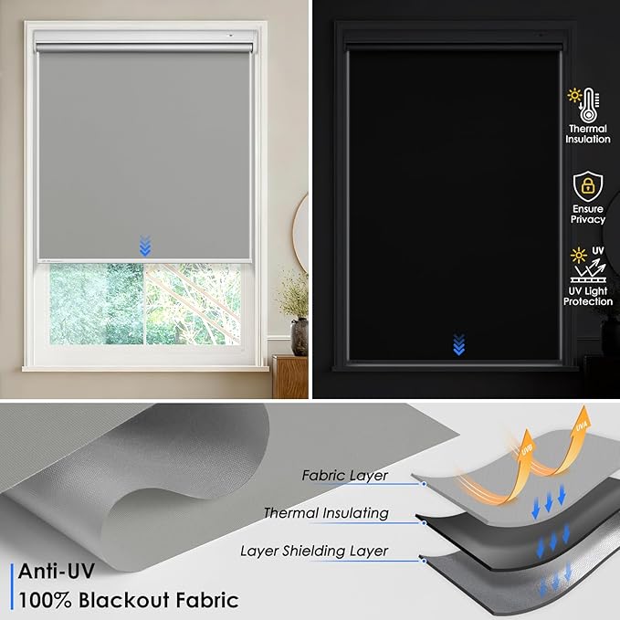 Motorized Roller Blinds with Remote Control & Solar Panel - 100% Blackout Smart Blinds, Automatic, Cordless, Electric Shades - Compatible with Alexa - Grey, 34¾" W x 72" H