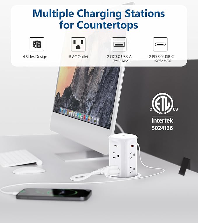 Pop up Outlet for Countertop,3 inch Hole Desktop Power Grommet,8 Outlets 4 USB Ports,15Amp Tamper Resistant Receptacle Flush Mount,Space Saver Recessed Outlet for Home,Office,ETL Listed