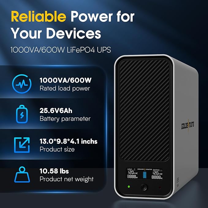 GOLDENMATE 1000VA/600W Lithium UPS Battery Backup and Surge Protector, Sinewave UPS System with LiFePO4 Battery(153.6 Wh), 2025 Upgraded Pro Ver. with Communication Port, 8 Outlets, LCD Display, White