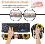 Keyboard Wrist Rest + Mouse Pad Wrist Support Set with Coasters, Non-Slip PU Base Ergonomic Mousepad for Home Office Working Studying Easy Typing & Pain Relief, American Flag Sunflower and Cute Pig