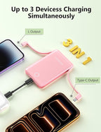10000mAh Mini Portable Charger with Built in Cable, Pocket Size Power Bank Travel External Battery Pack for Phone, 3 Output USB Type C Cord Clutch Compatible with iPhone, Samsung, 2 Pack Black & Pink