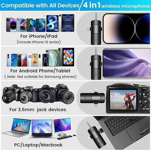 4 in 1 Wireless Lavalier Microphone for iPhone/USB C Android/Camera/Laptop PC,Mini Microphone 2.4G Ultra-Low Delay with Noise Reduction Cordless Lapel Mics for Video Recording, Vlog, YouTube, TikTok