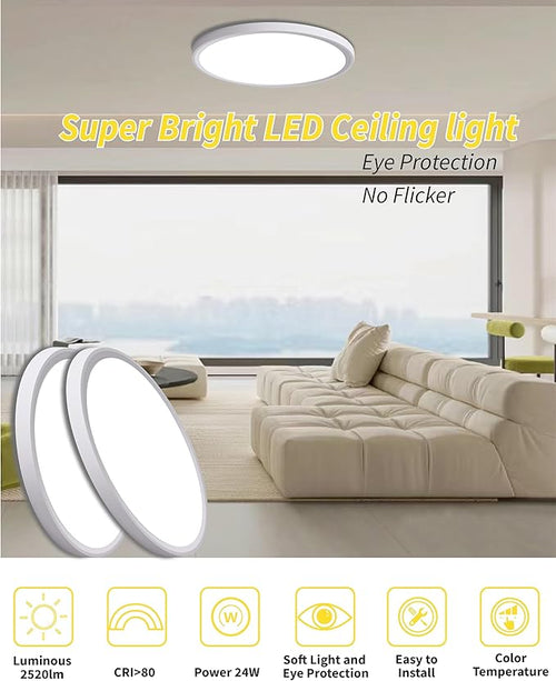 6pack 12 Inch Flush Mount Ceiling Light, 24w Led Ceiling Light, 3000k/4000k/6000k Selectable 2520lm Ceiling Lights, Super Slim Led Light Fixture For Bedroom Kitchen Living Dining Room Office (White)