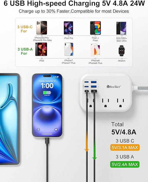 6 USB(3 USB C) Surge Protector Power Strip- Extension Cord 10 Ft with 24W USB Charging Station and 3 Outlets, Flat Plug Long Braided Extension Cord with Multiple Outlets for Home Office College Dorm