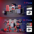 PEGZONE Controller and Headphone Holder Wall Mount, Modular Gaming Pegboard with Accessories, Controller Stand for Xbox PS5 PS4 Switch, Video Game Storage, Disc Shelf, 14pcs Pegboard, Black & Red