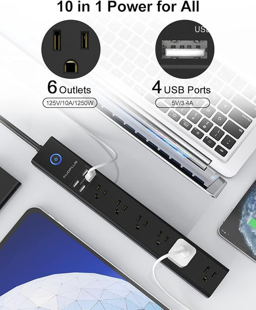 15 Ft Power Strip Surge Protector, 6 Outlets and 4 USB Ports, Flat Plug Power Strips Long Extension Cord with Overload Protection, Wall Mount for Home, Office, Dorm, ETL Listed